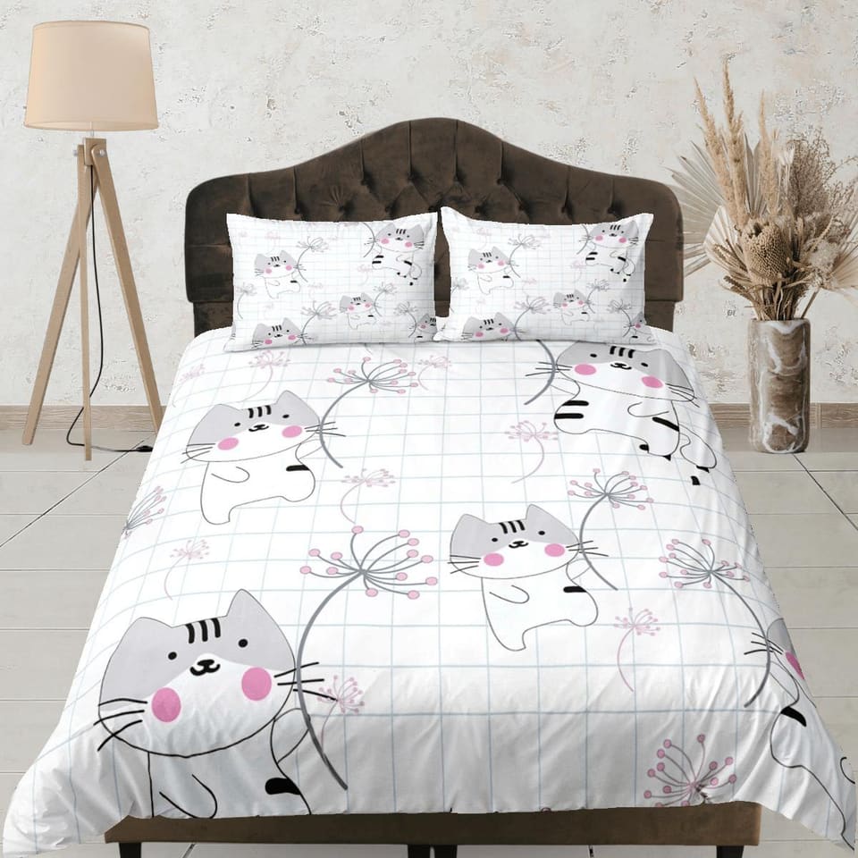 Cute grey cat bedding, cat holding dandelion toddler bedding, kids duvet cover set, gift for cat lovers, baby bedding, bab…