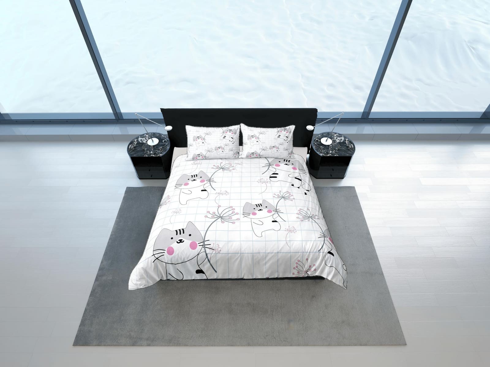 Cute grey cat bedding, cat holding dandelion toddler bedding, kids duvet cover set, gift for cat lovers, baby bedding, bab…