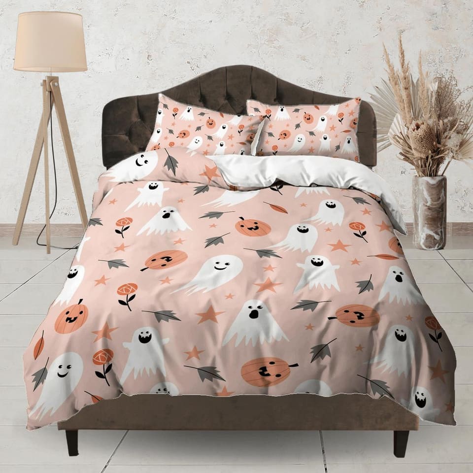 Cute halloween bedding & pillowcase, ghost pumpkin duvet cover set dorm bedding, halloween decor, nursery toddler bedding,…