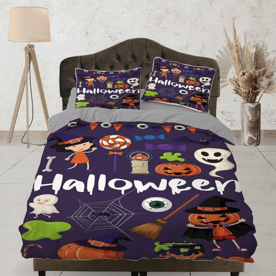 Cute halloween full size bedding & pillowcase, duvet cover set dorm bedding, halloween decor, nursery toddler bedding, hal…