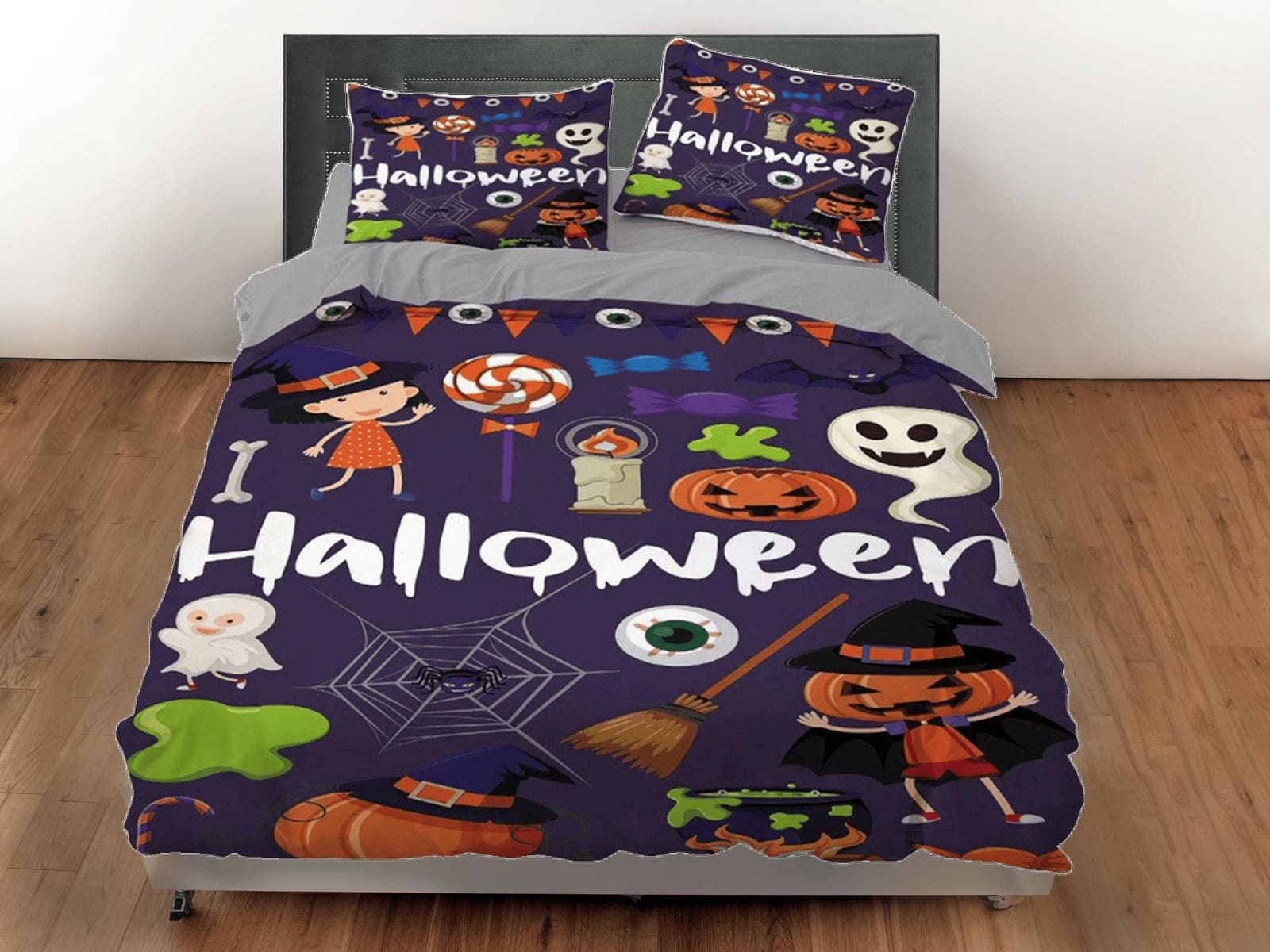 Cute halloween full size bedding & pillowcase, duvet cover set dorm bedding, halloween decor, nursery toddler bedding, hal…