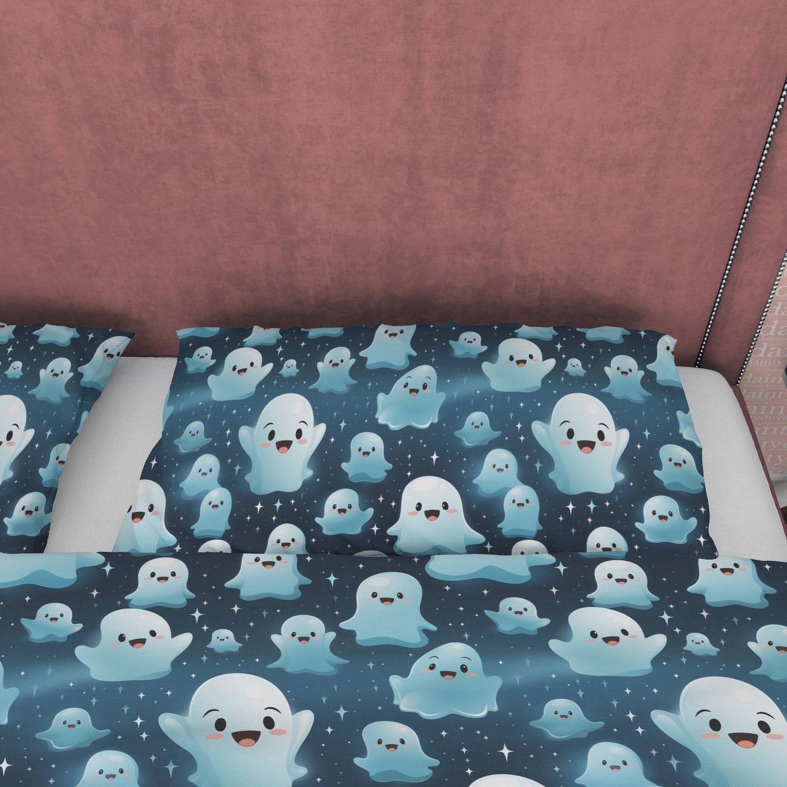 Cute Halloween Ghosts, Deep Blue Duvet Cover Set & Pillowcase, Aesthetic Bedding, Halloween Decor, US, UK, European, Austr…