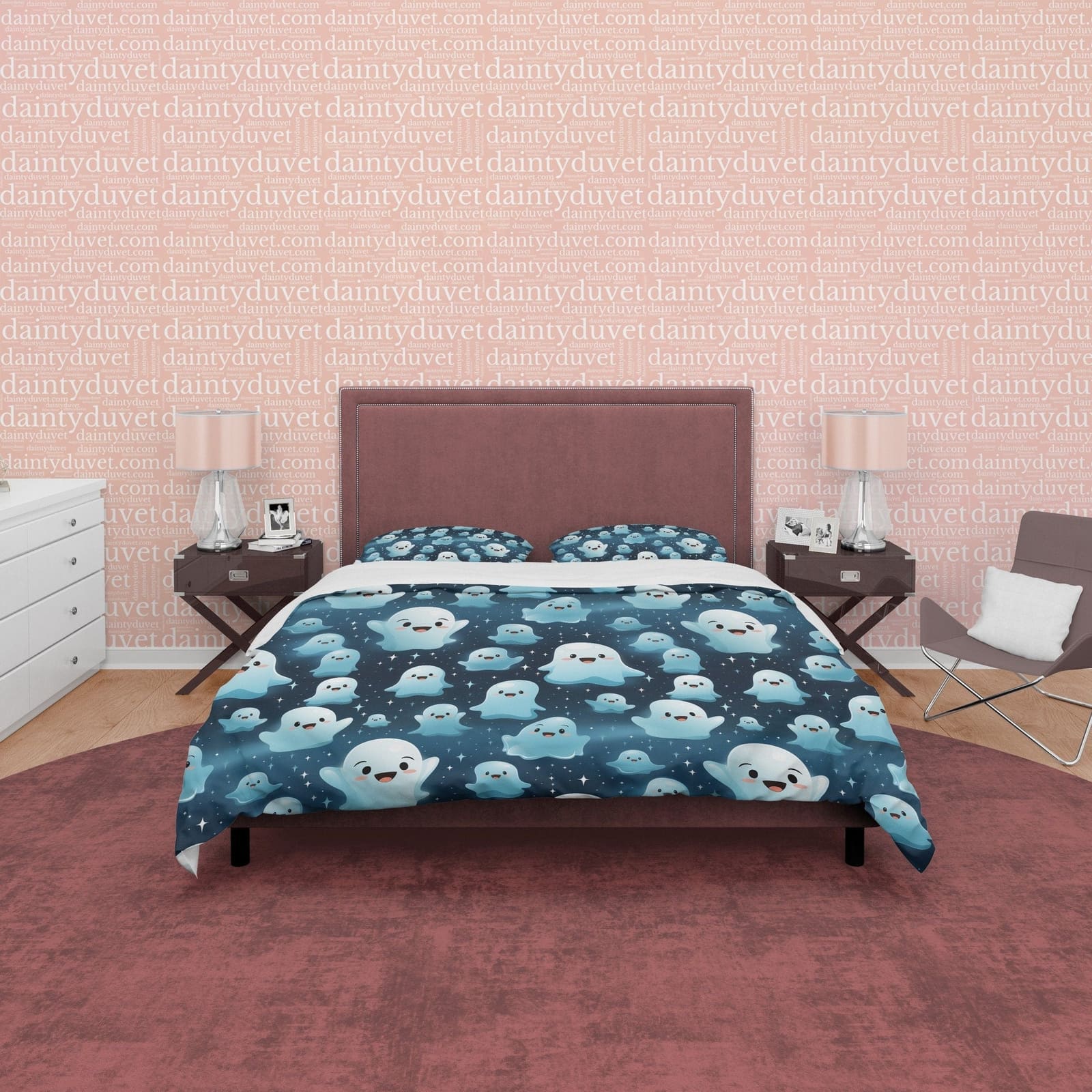 Cute Halloween Ghosts, Deep Blue Duvet Cover Set & Pillowcase, Aesthetic Bedding, Halloween Decor, US, UK, European, Austr…