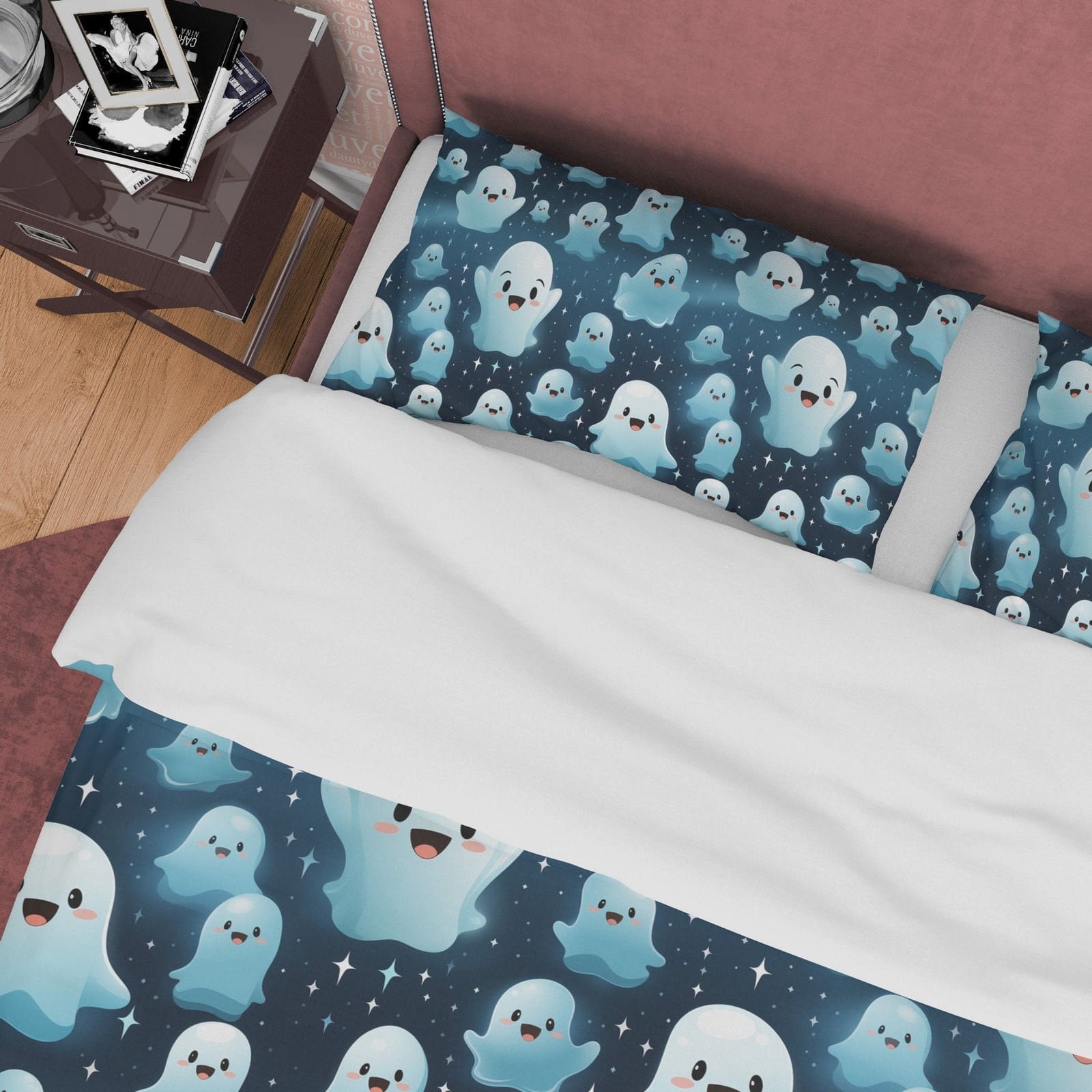 Cute Halloween Ghosts, Deep Blue Duvet Cover Set & Pillowcase, Aesthetic Bedding, Halloween Decor, US, UK, European, Austr…