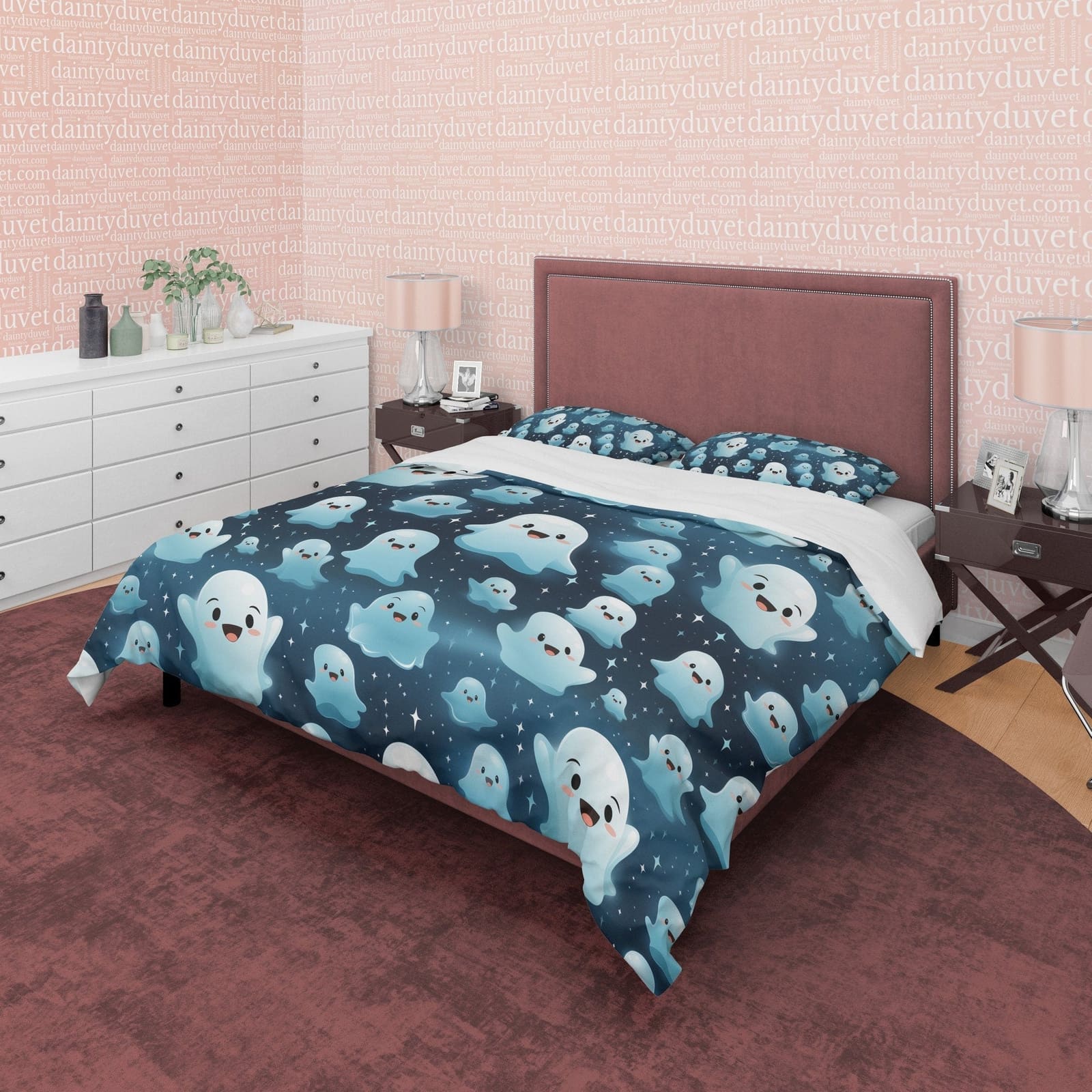 Cute Halloween Ghosts, Deep Blue Duvet Cover Set & Pillowcase, Aesthetic Bedding, Halloween Decor, US, UK, European, Austr…