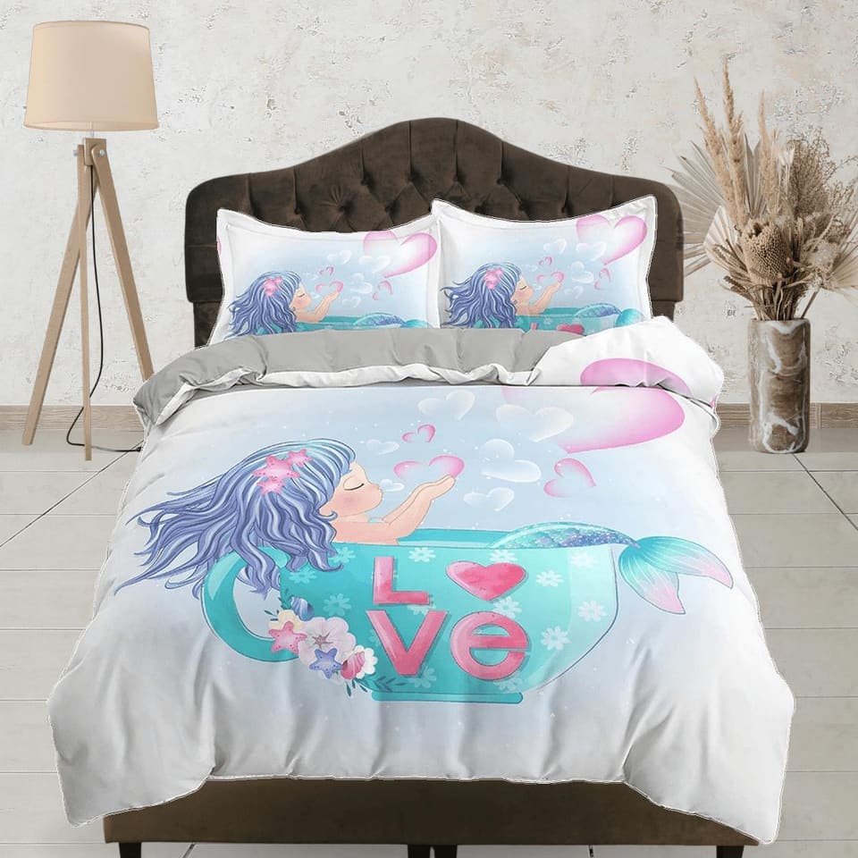 Cute little mermaid bathing, toddler bedding, duvet cover for nursery kids, crib bedding, baby zipper bedding, king queen…