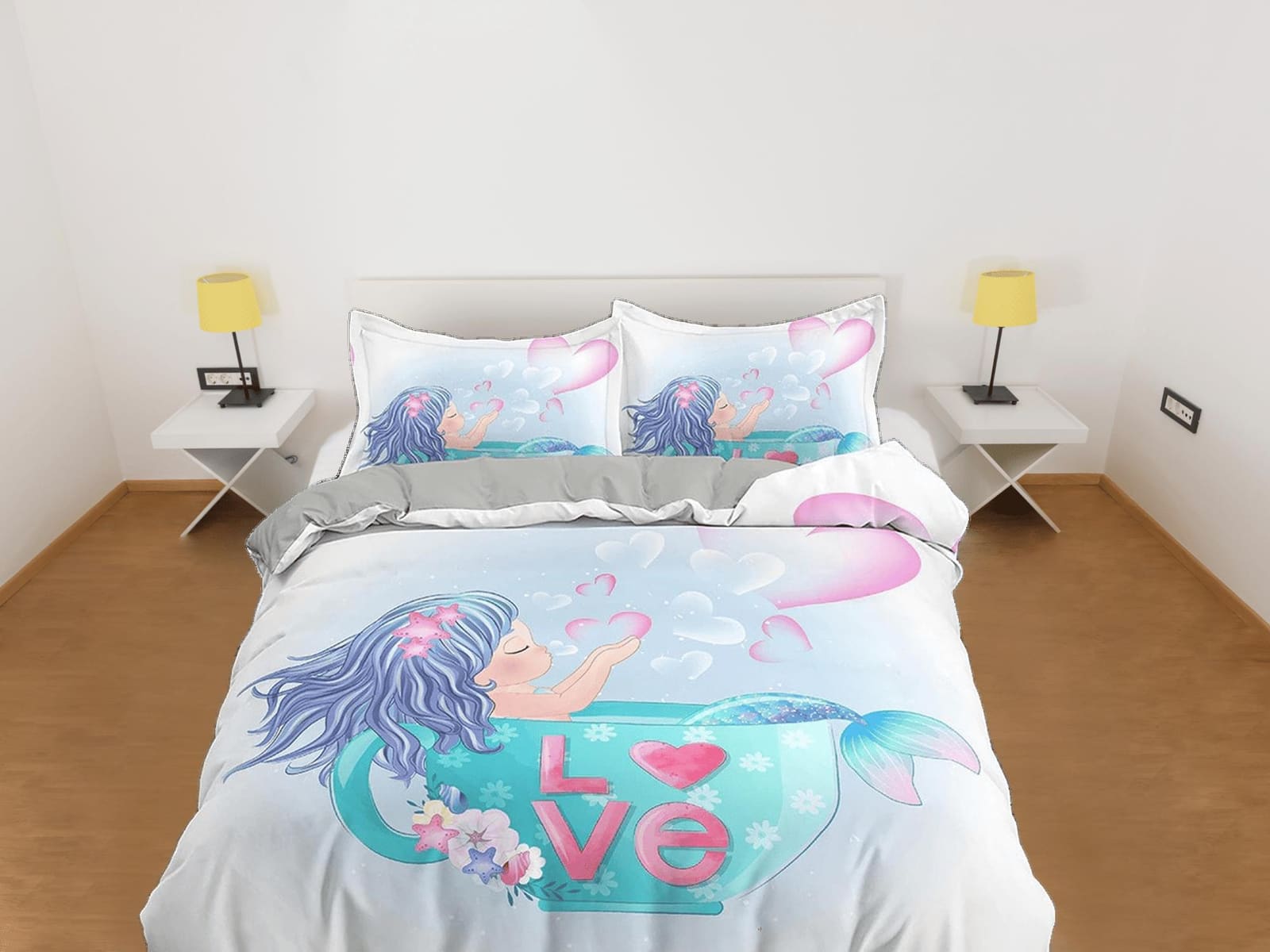 Cute little mermaid bathing, toddler bedding, duvet cover for nursery kids, crib bedding, baby zipper bedding, king queen…