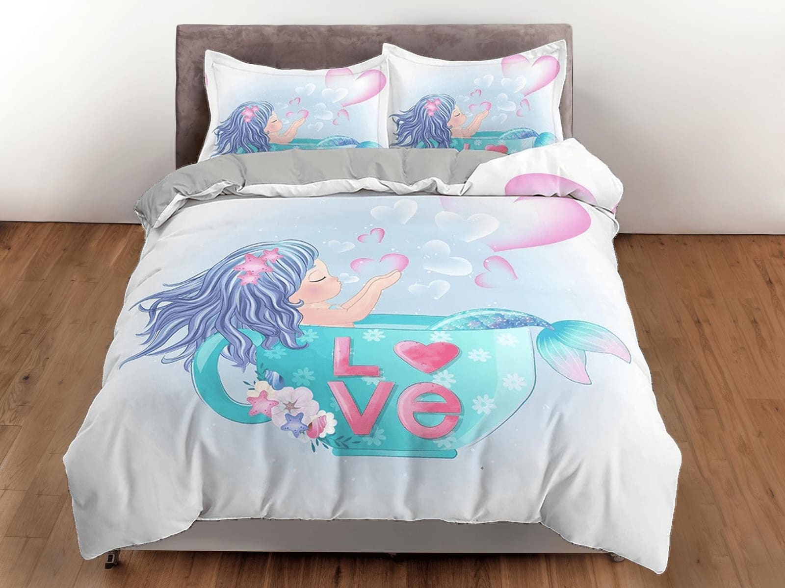 Cute little mermaid bathing, toddler bedding, duvet cover for nursery kids, crib bedding, baby zipper bedding, king queen…