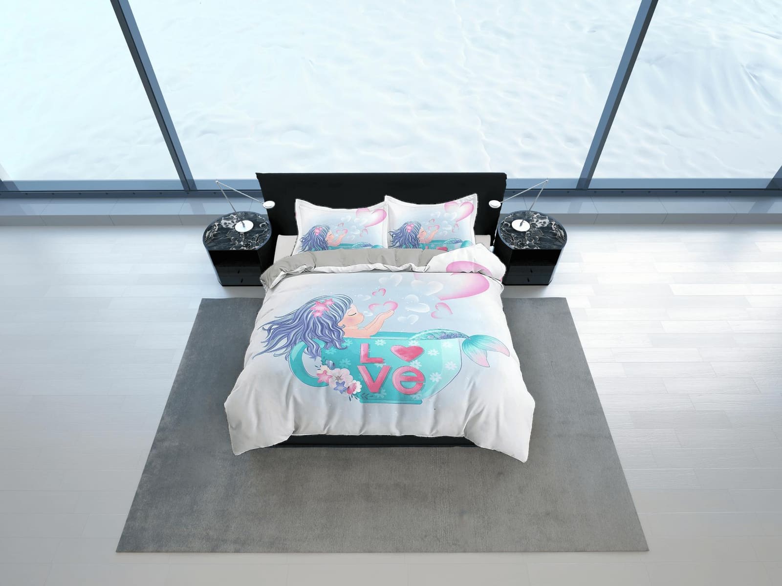 Cute little mermaid bathing, toddler bedding, duvet cover for nursery kids, crib bedding, baby zipper bedding, king queen…