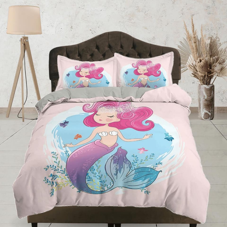 Cute little mermaid pink girl toddler bedding, unique duvet cover for nursery kids, crib bedding, baby zipper bedding, kin…