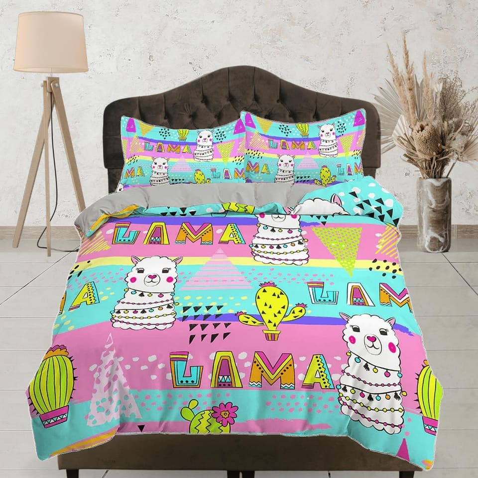 Cute Llama Colorful Neon Bedding, Duvet Cover Set & Pillowcase, Zipper Bedding, Dorm Bedding, Teens Adult Duvet King Queen…