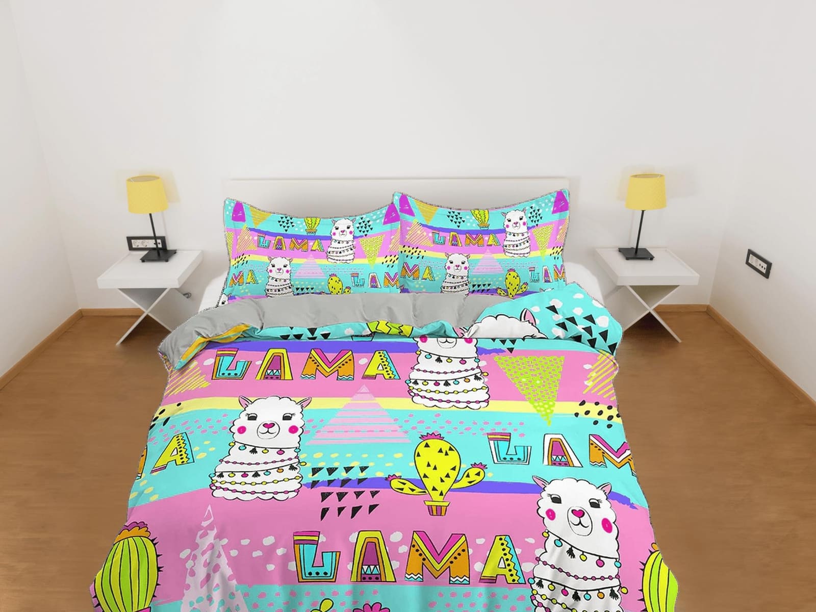 Cute Llama Colorful Neon Bedding, Duvet Cover Set & Pillowcase, Zipper Bedding, Dorm Bedding, Teens Adult Duvet King Queen…