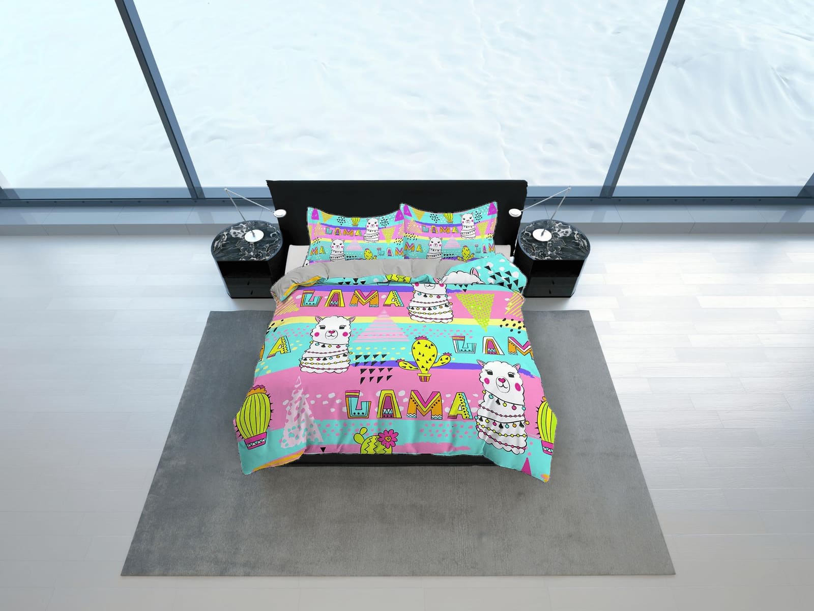 Cute Llama Colorful Neon Bedding, Duvet Cover Set & Pillowcase, Zipper Bedding, Dorm Bedding, Teens Adult Duvet King Queen…