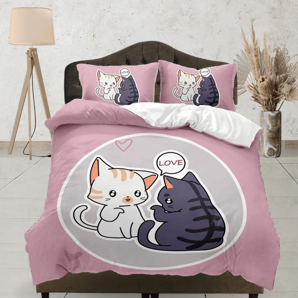 Cute love cat bedding, toddler bedding, kids duvet cover set, gift for cat lovers, baby bedding, baby shower gift, pink be…