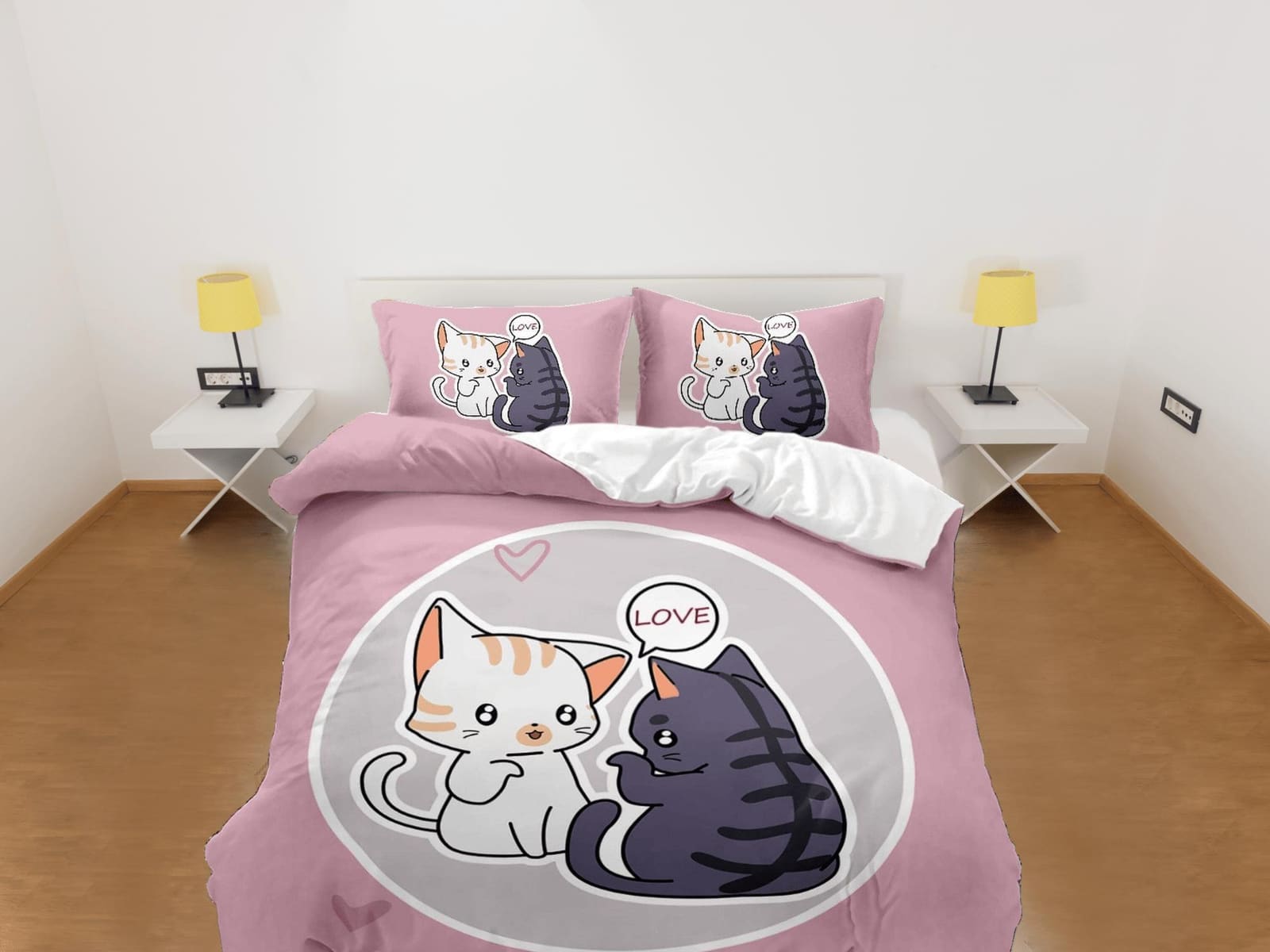 Cute love cat bedding, toddler bedding, kids duvet cover set, gift for cat lovers, baby bedding, baby shower gift, pink be…