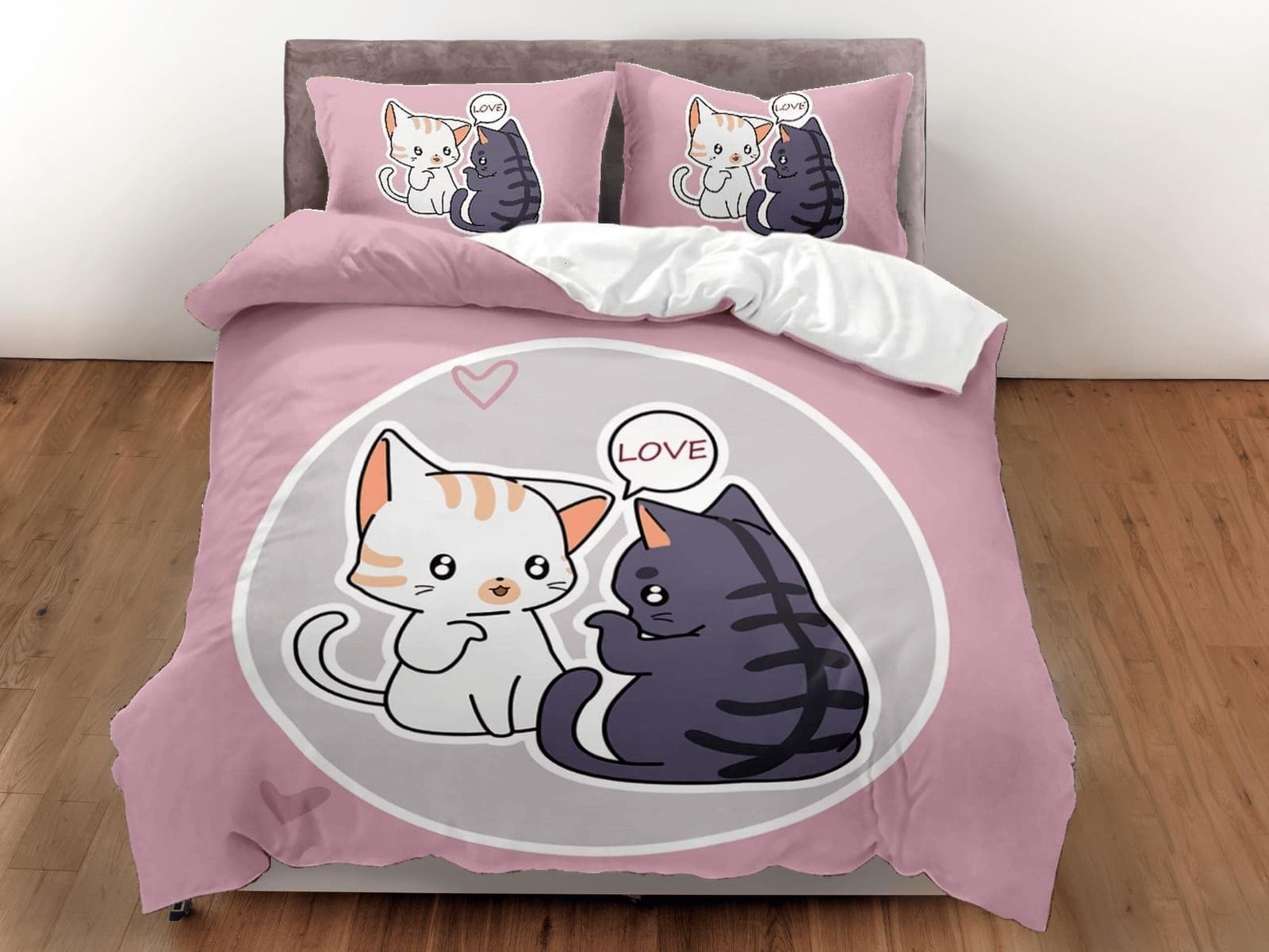 Cute love cat bedding, toddler bedding, kids duvet cover set, gift for cat lovers, baby bedding, baby shower gift, pink be…