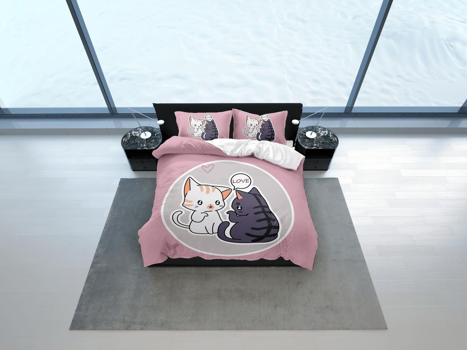 Cute love cat bedding, toddler bedding, kids duvet cover set, gift for cat lovers, baby bedding, baby shower gift, pink be…