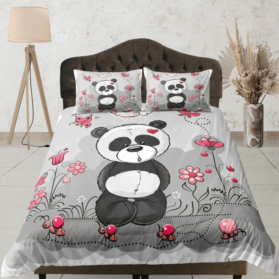 Cute Lover Panda Grey Duvet Cover Set Bedspread, Kids Bedding with Pillowcase