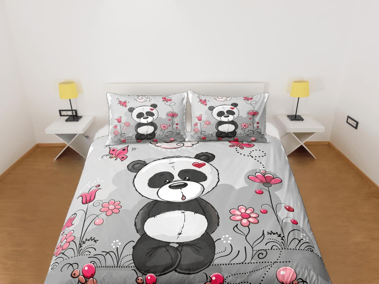 Cute Lover Panda Grey Duvet Cover Set Bedspread, Kids Bedding with Pillowcase