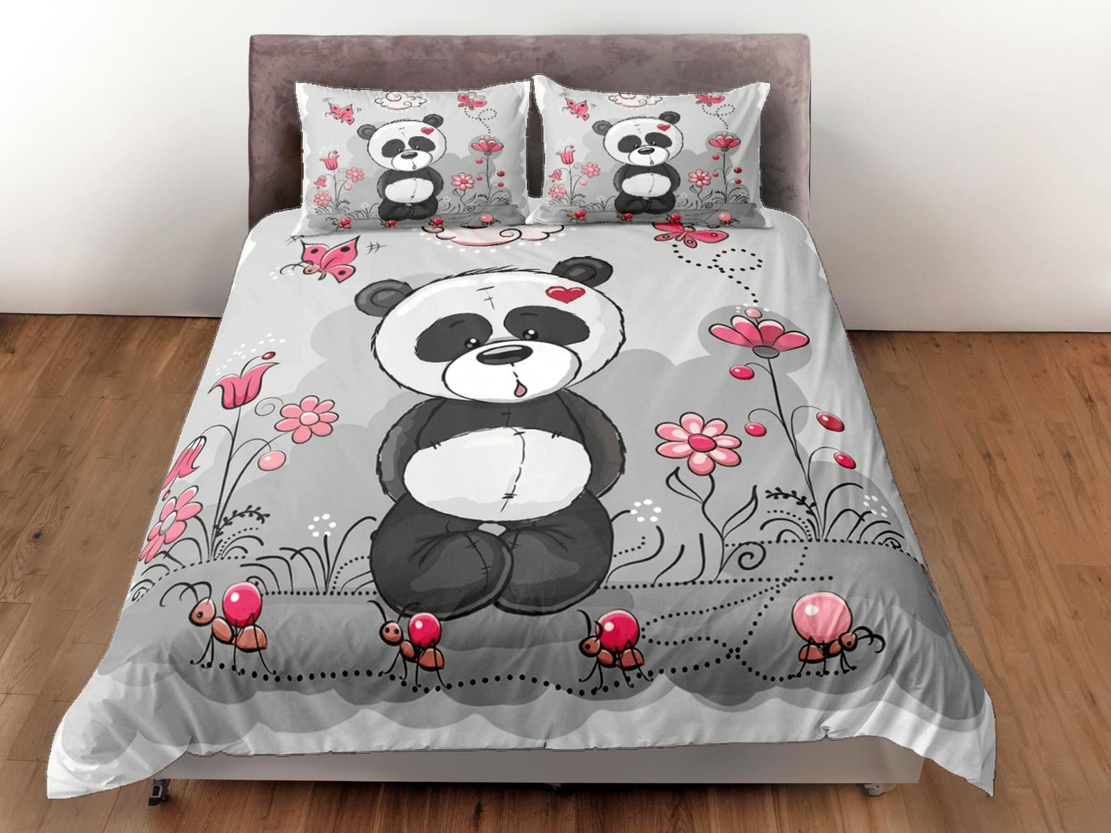 Cute Lover Panda Grey Duvet Cover Set Bedspread, Kids Bedding with Pillowcase