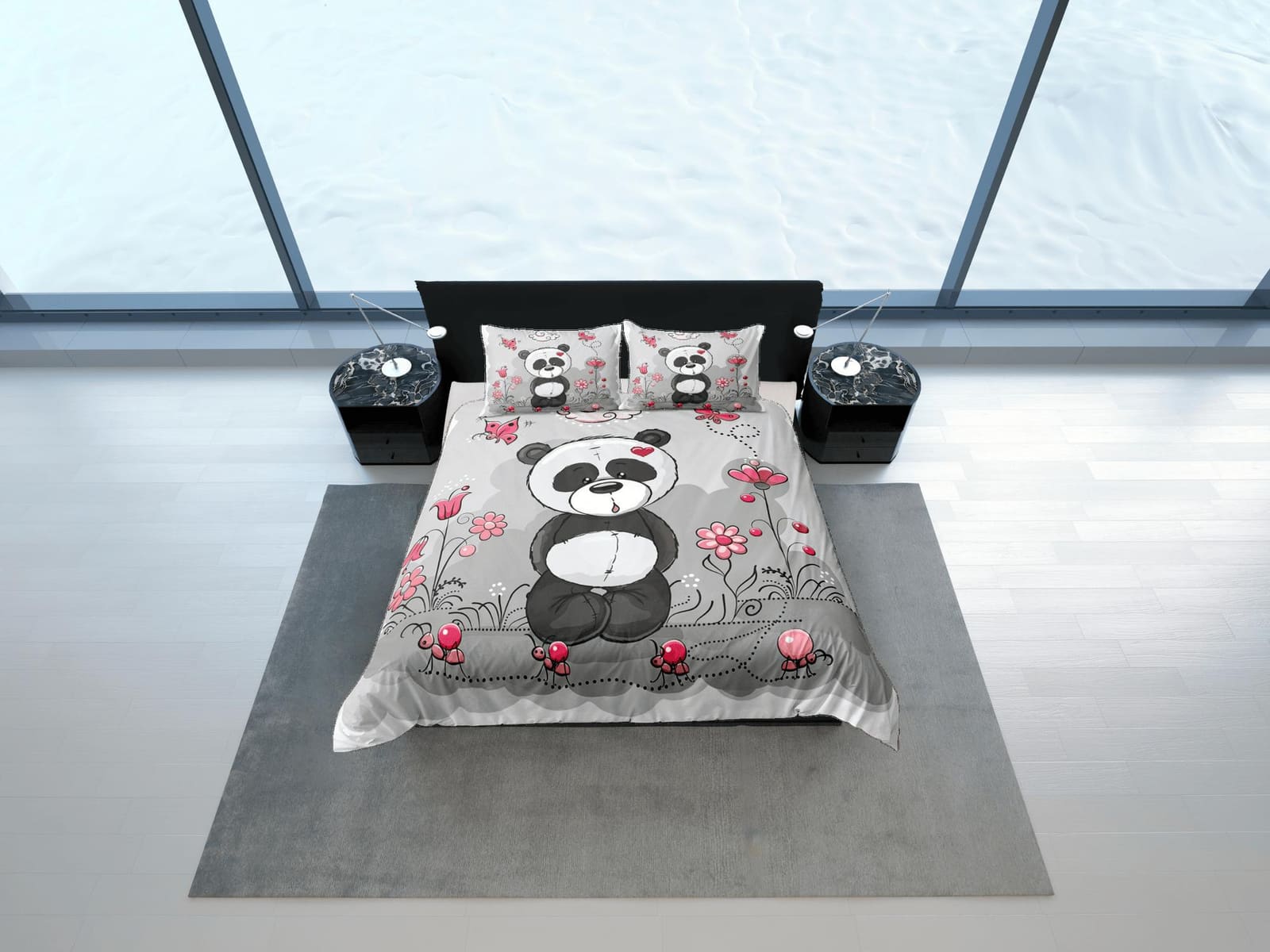 Cute Lover Panda Grey Duvet Cover Set Bedspread, Kids Bedding with Pillowcase