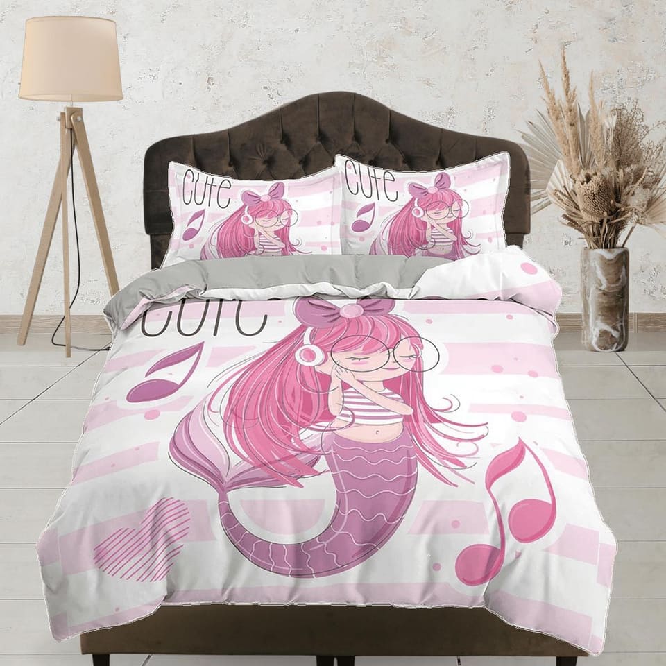 Cute Mermaid Kids Duvet Cover Set, Girly Pink Bedding Set, Toddler Bedding, Kids Bedroom, Music Lover Bed, Duvet King Quee…