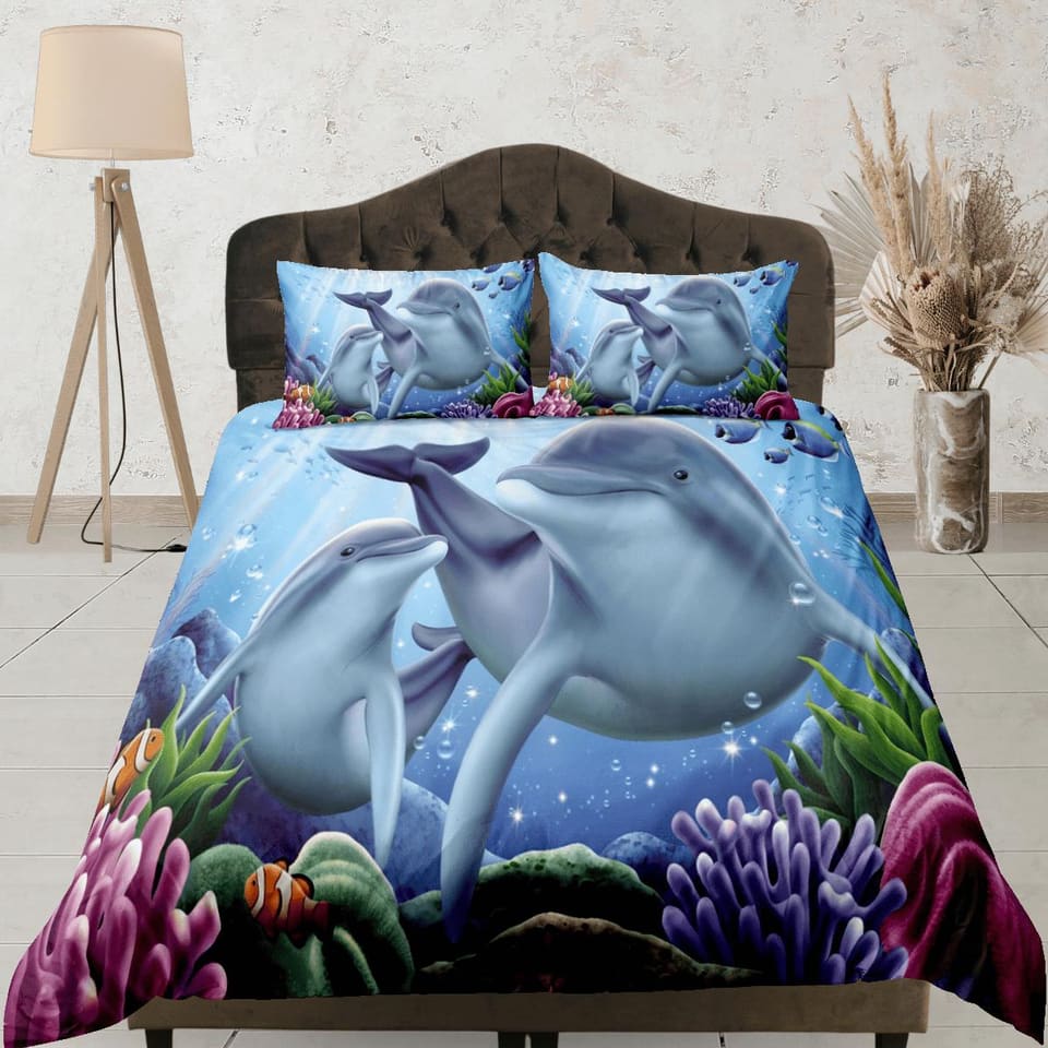 Cute mom and child bottle nose dolphin bedding duvet cover, ocean blush decor sea animal bedding set full king queen twin,…