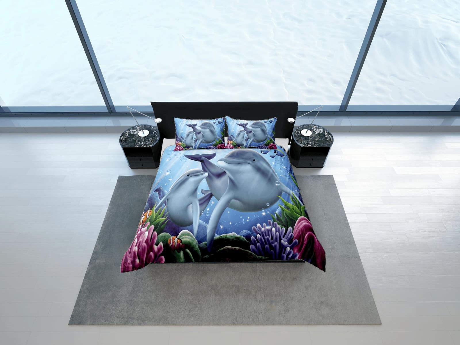 Cute mom and child bottle nose dolphin bedding duvet cover, ocean blush decor sea animal bedding set full king queen twin,…