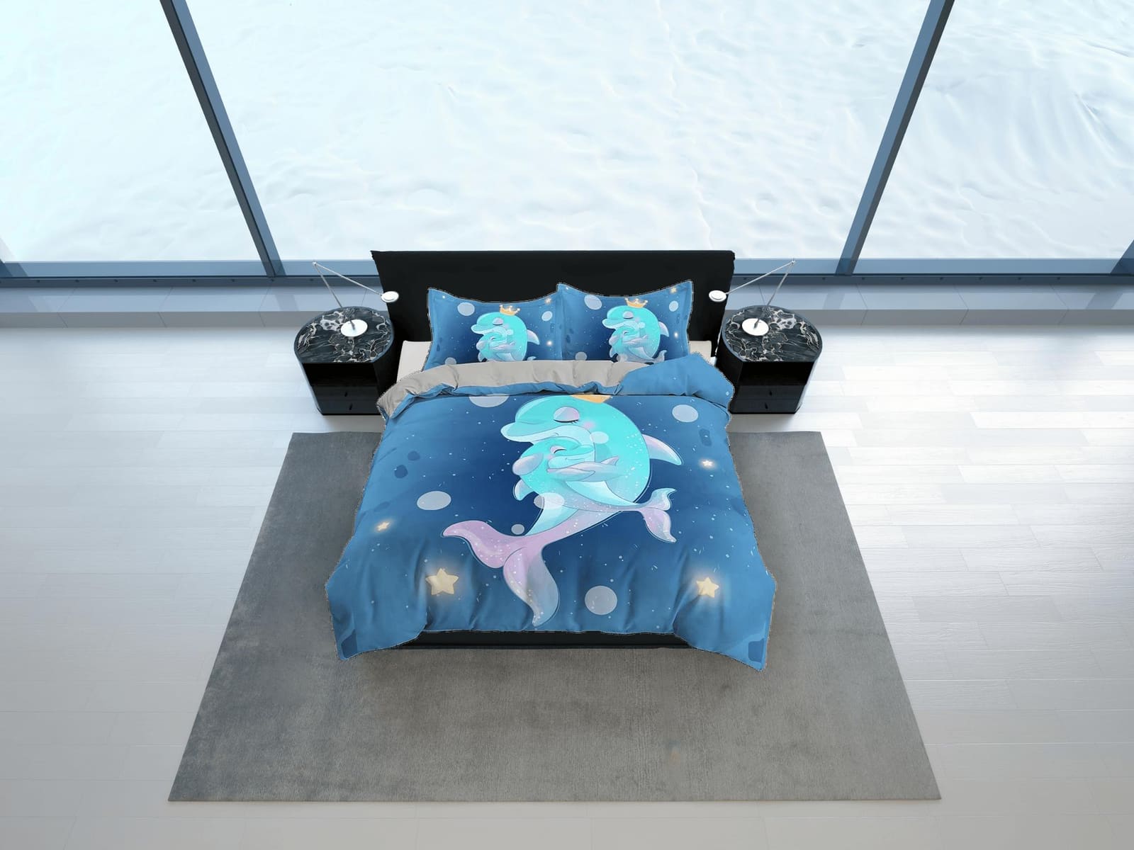 Cute mother & child dolphins bedding duvet cover, ocean blush decor bottle nose dolphin bedding set full king queen twin,…