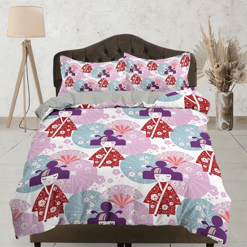 Cute oriental bedding for kids, kawaii geisha in kimono, colorful bedding, japanese duvet cover set for king, queen, full,…