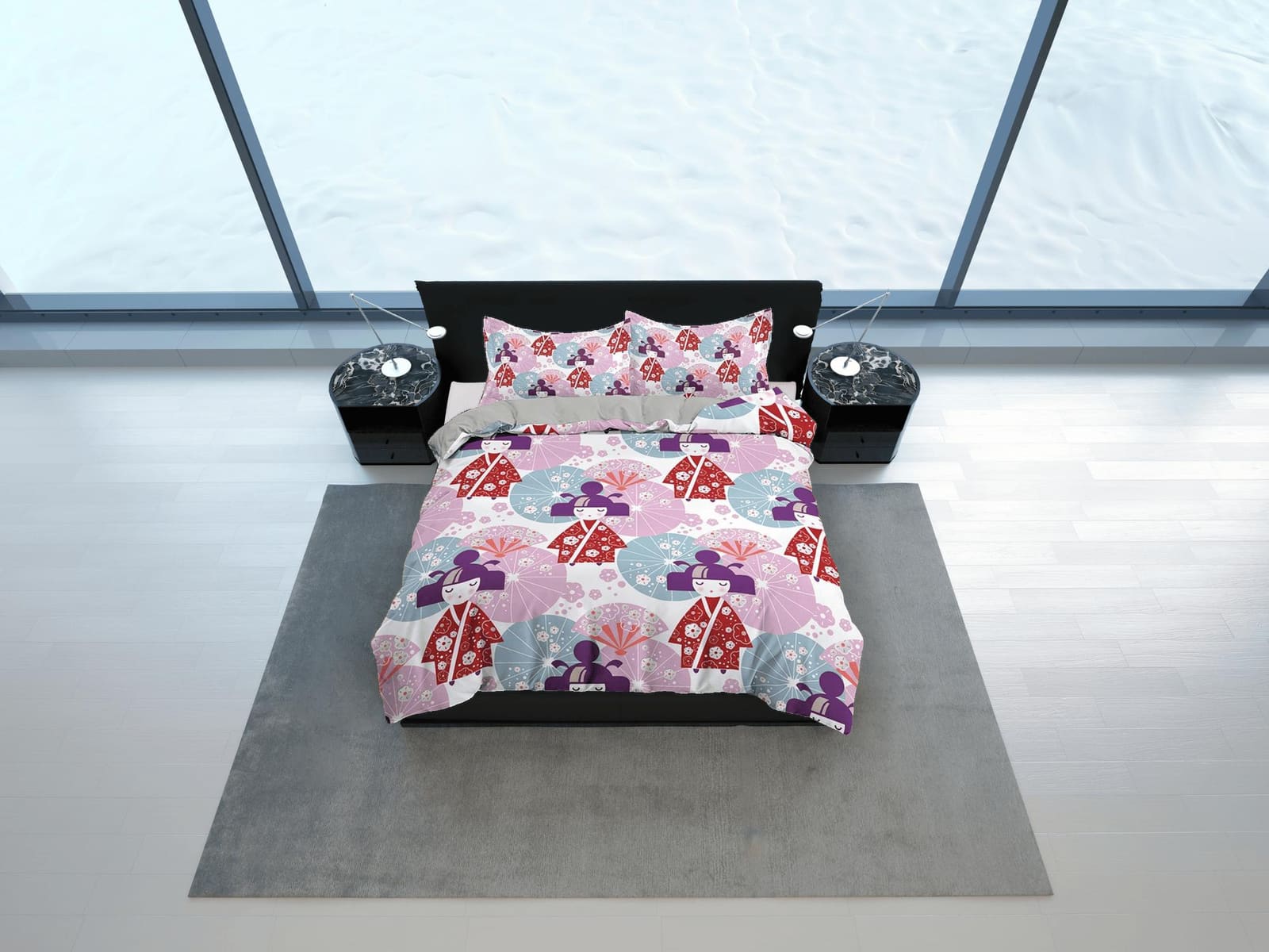 Cute oriental bedding for kids, kawaii geisha in kimono, colorful bedding, japanese duvet cover set for king, queen, full,…