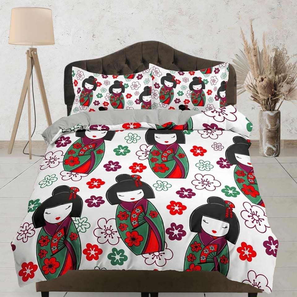 Cute oriental bedding, japan culture, geisha in kimono and floral prints, japanese duvet cover for king, queen, full, twin…
