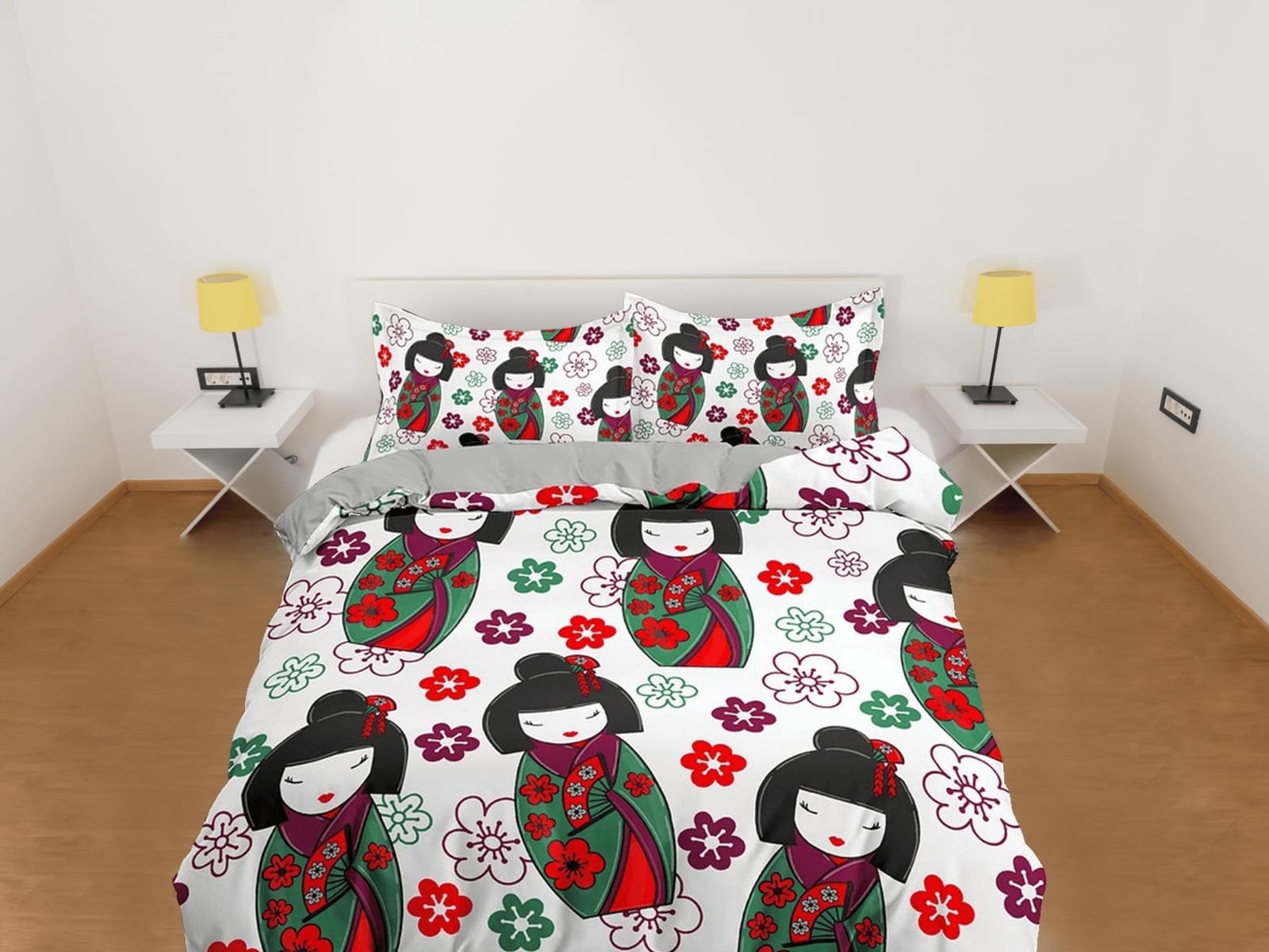 Cute oriental bedding, japan culture, geisha in kimono and floral prints, japanese duvet cover for king, queen, full, twin…