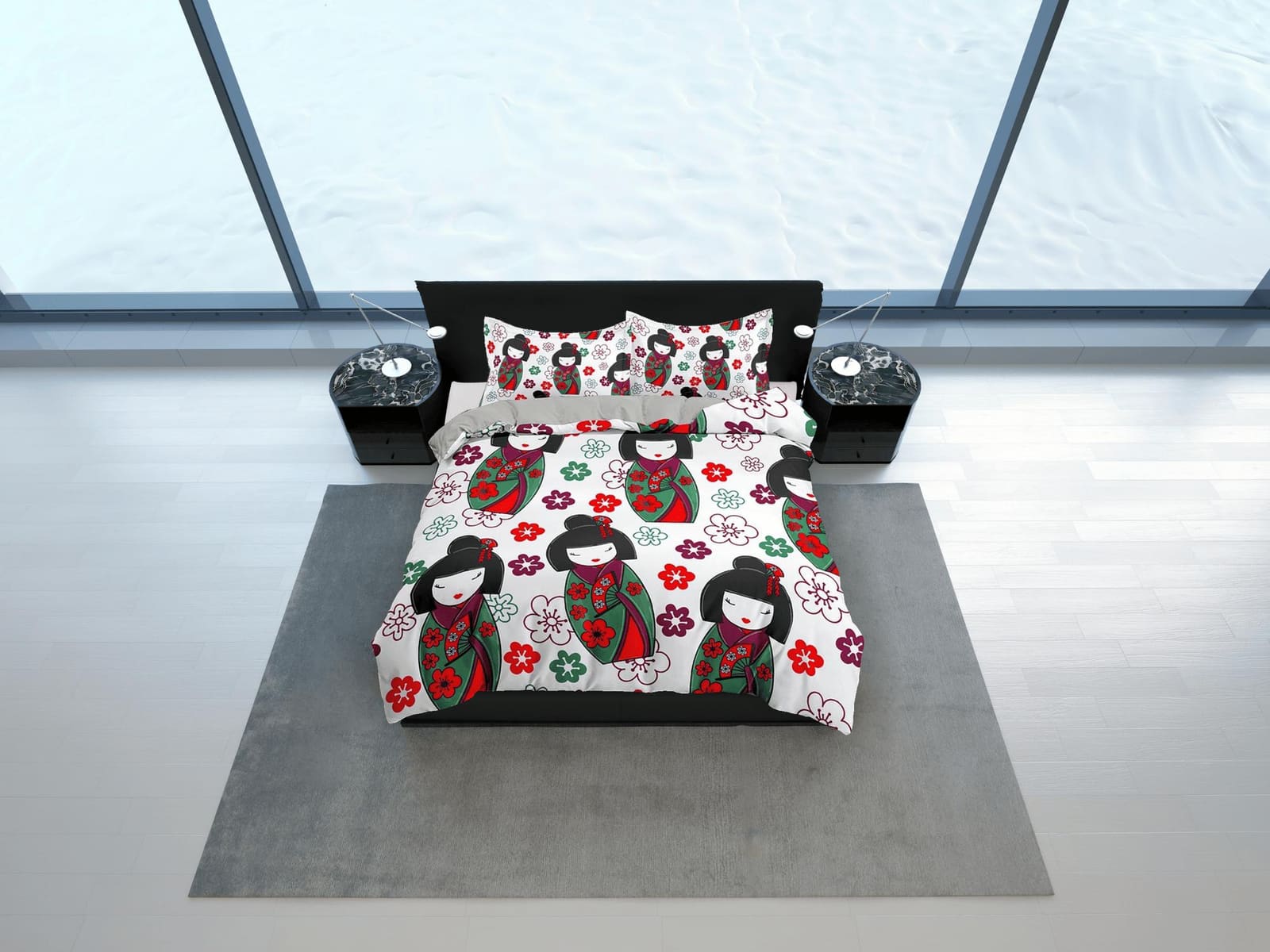Cute oriental bedding, japan culture, geisha in kimono and floral prints, japanese duvet cover for king, queen, full, twin…