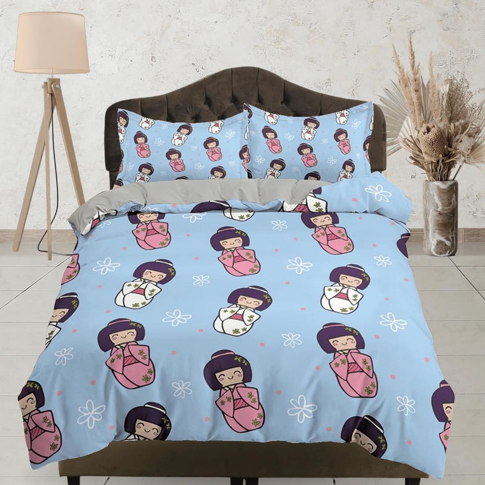 Cute oriental blue bedding for kids, japan culture, kawaii girl in kimono, japanese duvet cover set for king, queen, full,…