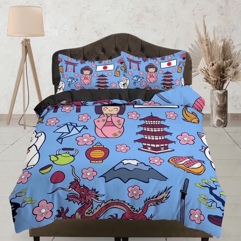 Cute oriental blue bedding for kids, japan culture, kimono and dragon, japanese duvet cover set for king, queen, full, twi…