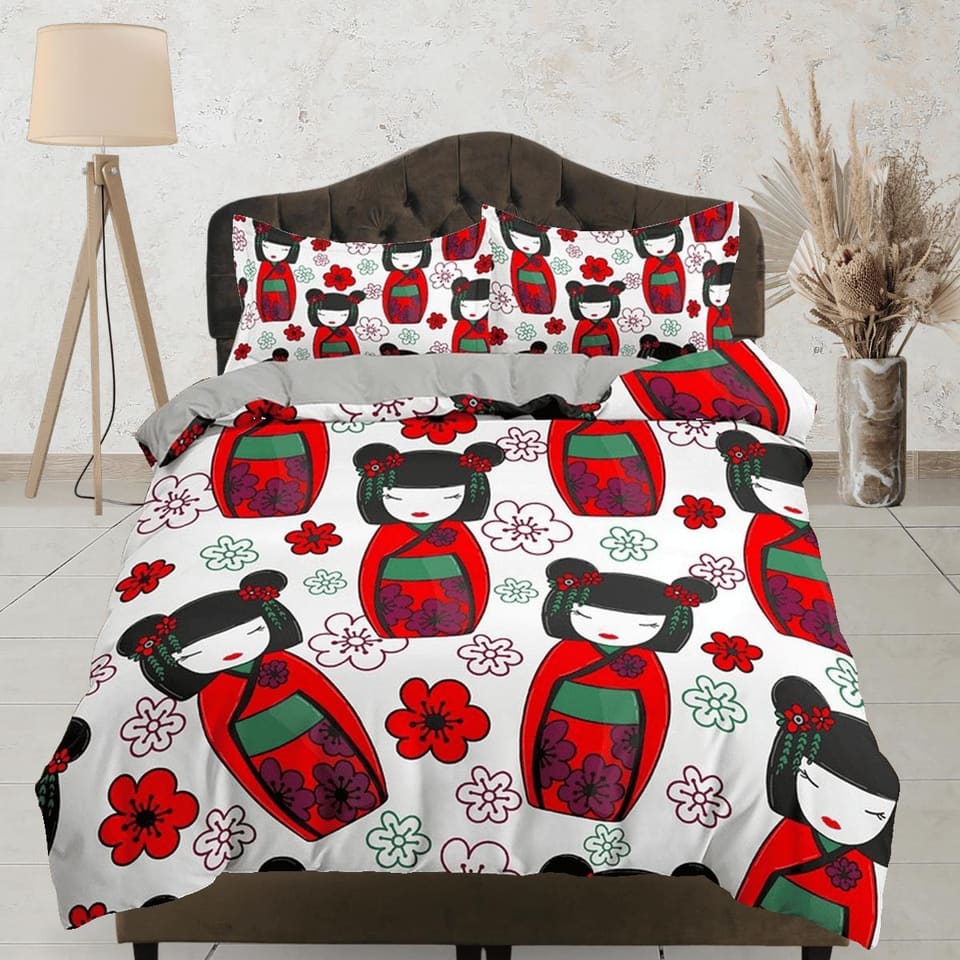 Cute oriental kids bedding, japan culture, geisha in red kimono, cherry blossoms, japanese duvet cover set for king, queen…