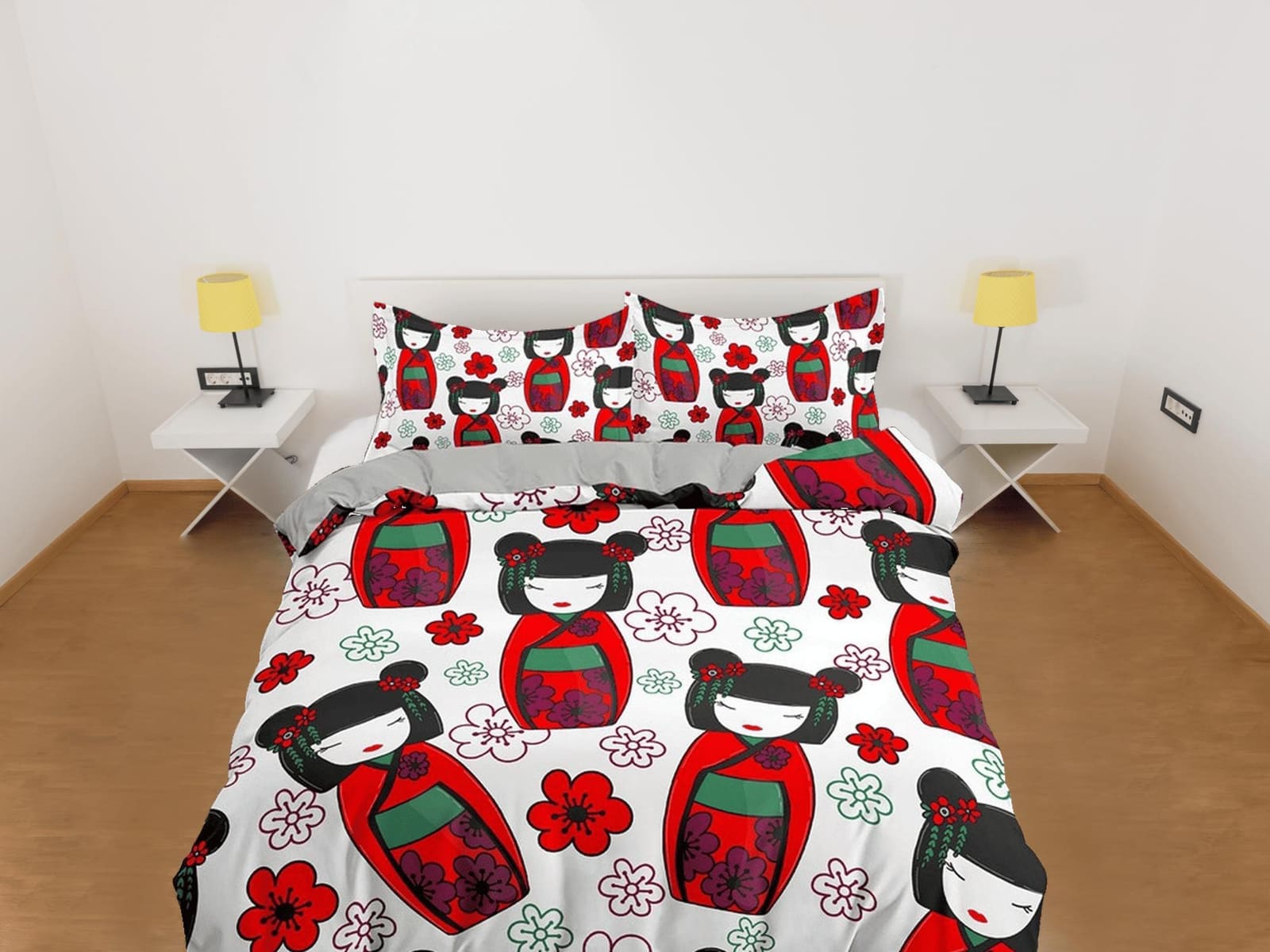 Cute oriental kids bedding, japan culture, geisha in red kimono, cherry blossoms, japanese duvet cover set for king, queen…