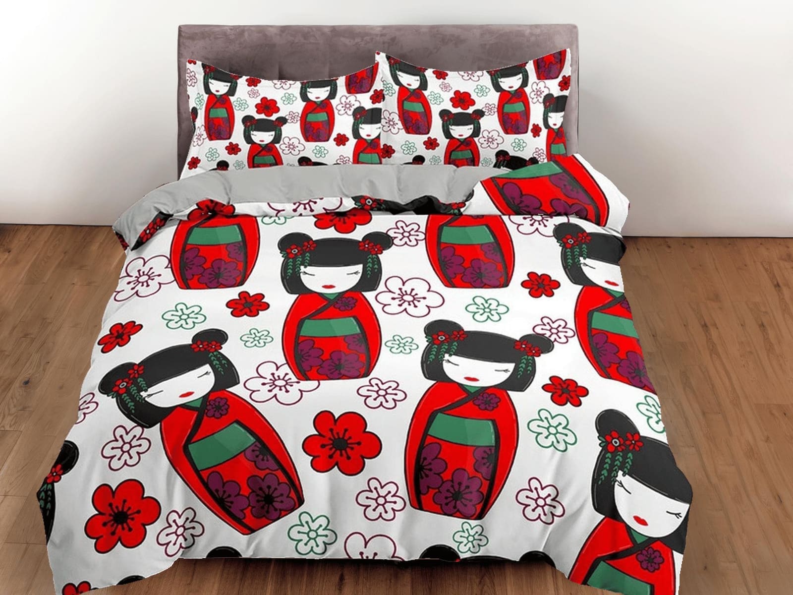 Cute oriental kids bedding, japan culture, geisha in red kimono, cherry blossoms, japanese duvet cover set for king, queen…