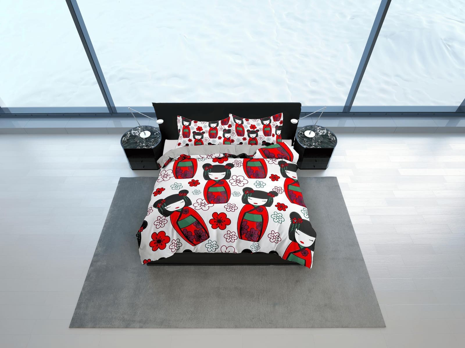 Cute oriental kids bedding, japan culture, geisha in red kimono, cherry blossoms, japanese duvet cover set for king, queen…