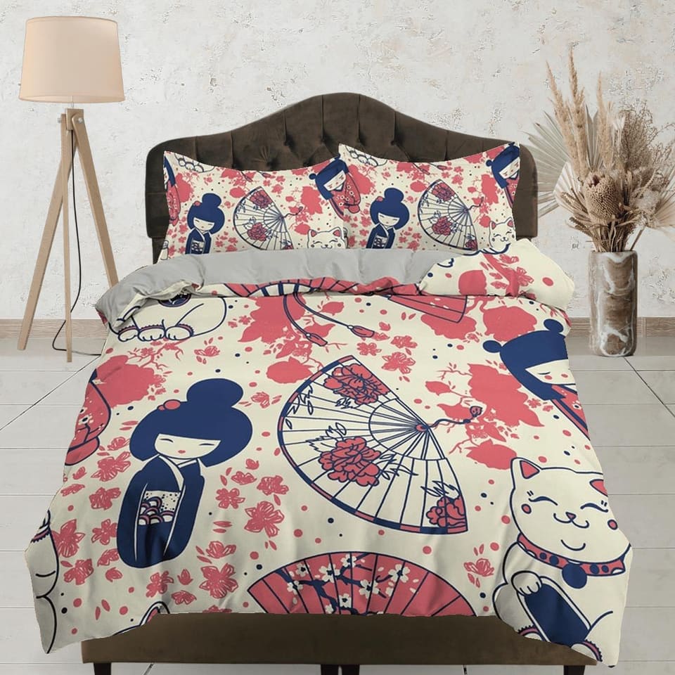 Cute oriental kids bedding, japan culture, girl in kimono, good luck cat, japanese duvet cover set for king, queen, full,…