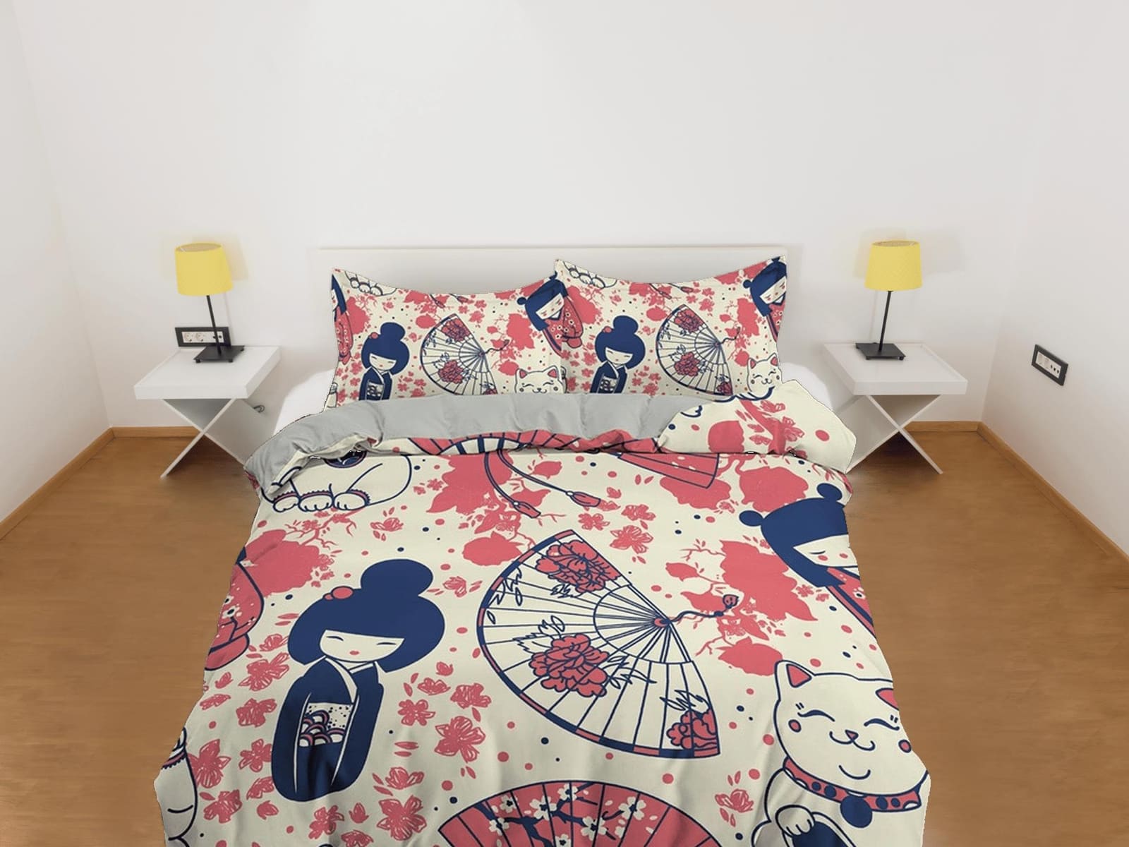 Cute oriental kids bedding, japan culture, girl in kimono, good luck cat, japanese duvet cover set for king, queen, full,…