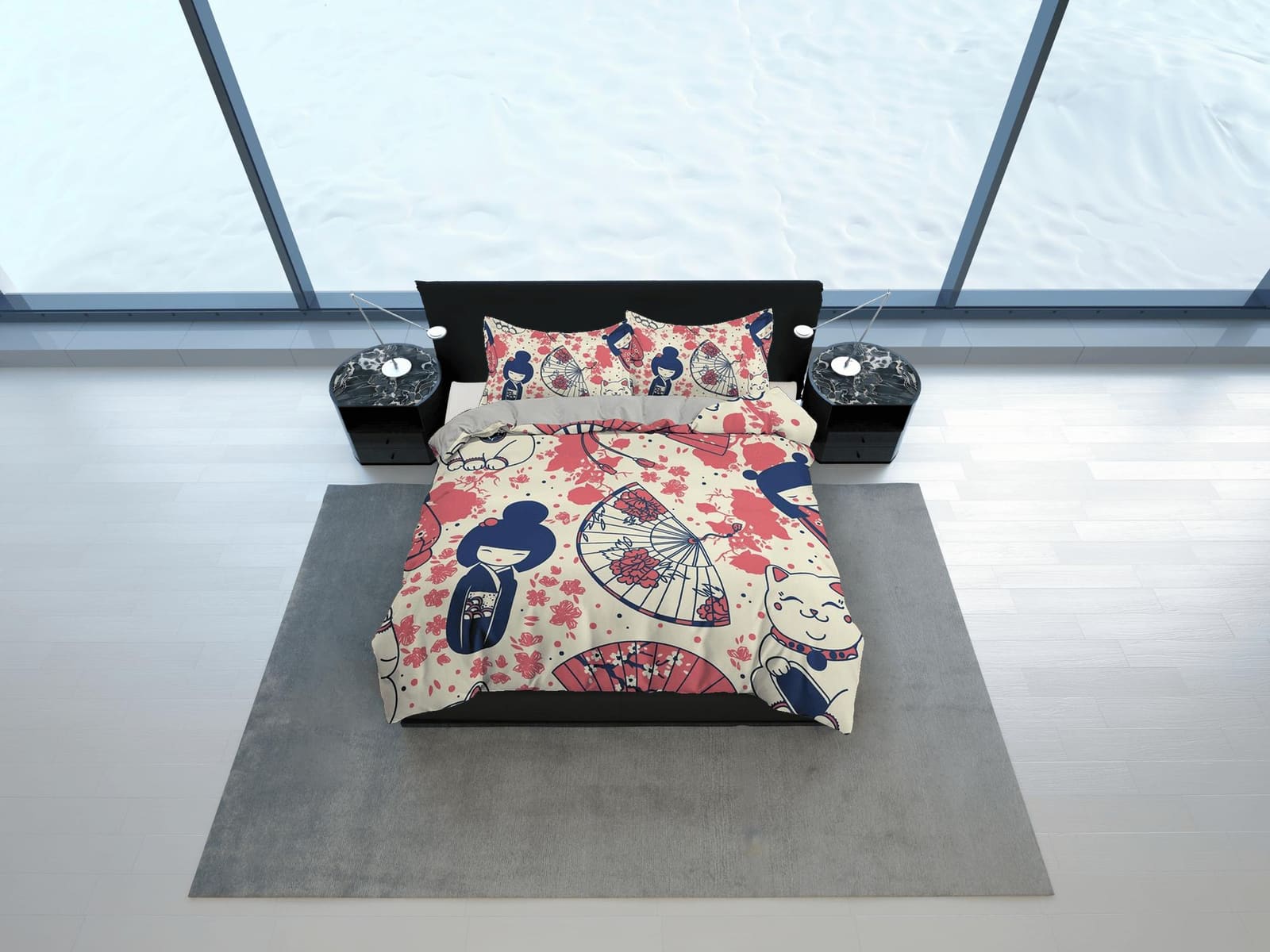 Cute oriental kids bedding, japan culture, girl in kimono, good luck cat, japanese duvet cover set for king, queen, full,…
