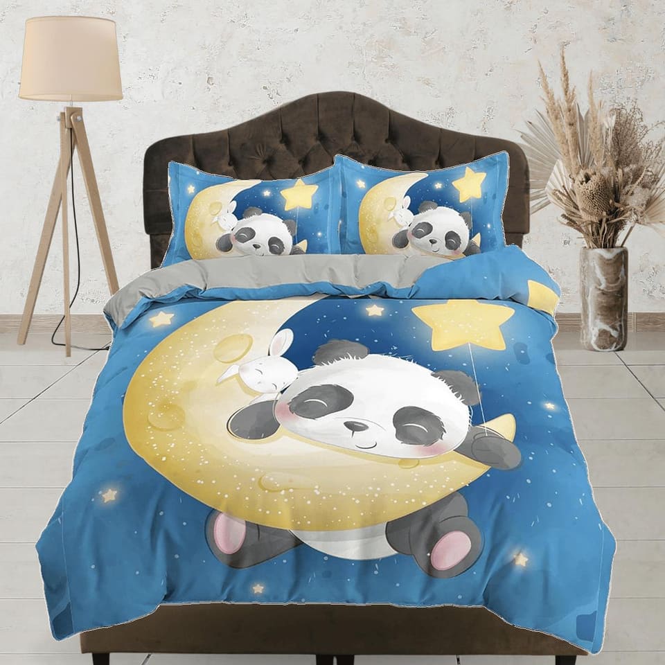 Cute panda and bunny in crescent moon, blue toddler bedding, duvet cover for kids, crib bedding, baby zipper bedding, king…