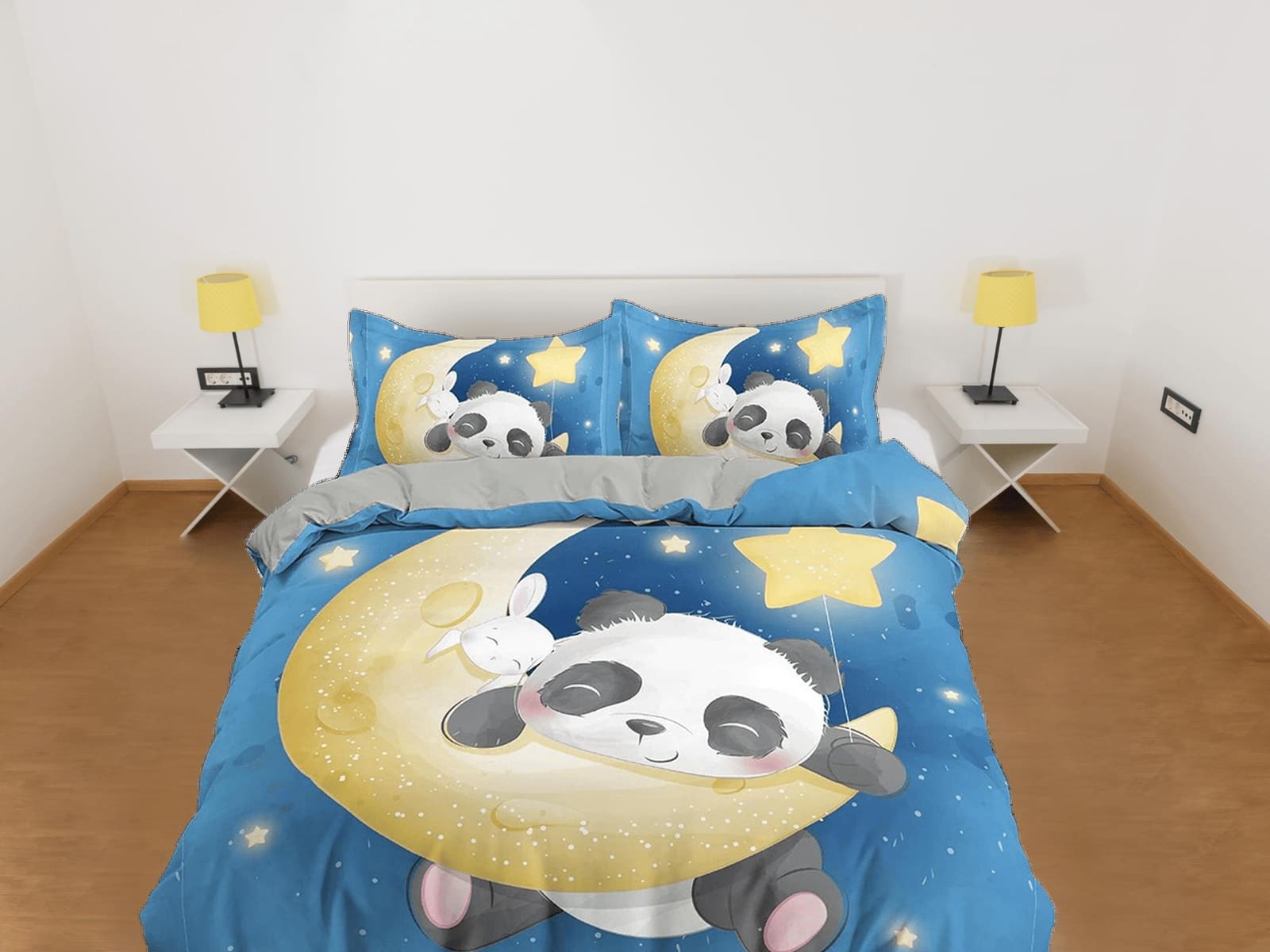 Cute panda and bunny in crescent moon, blue toddler bedding, duvet cover for kids, crib bedding, baby zipper bedding, king…
