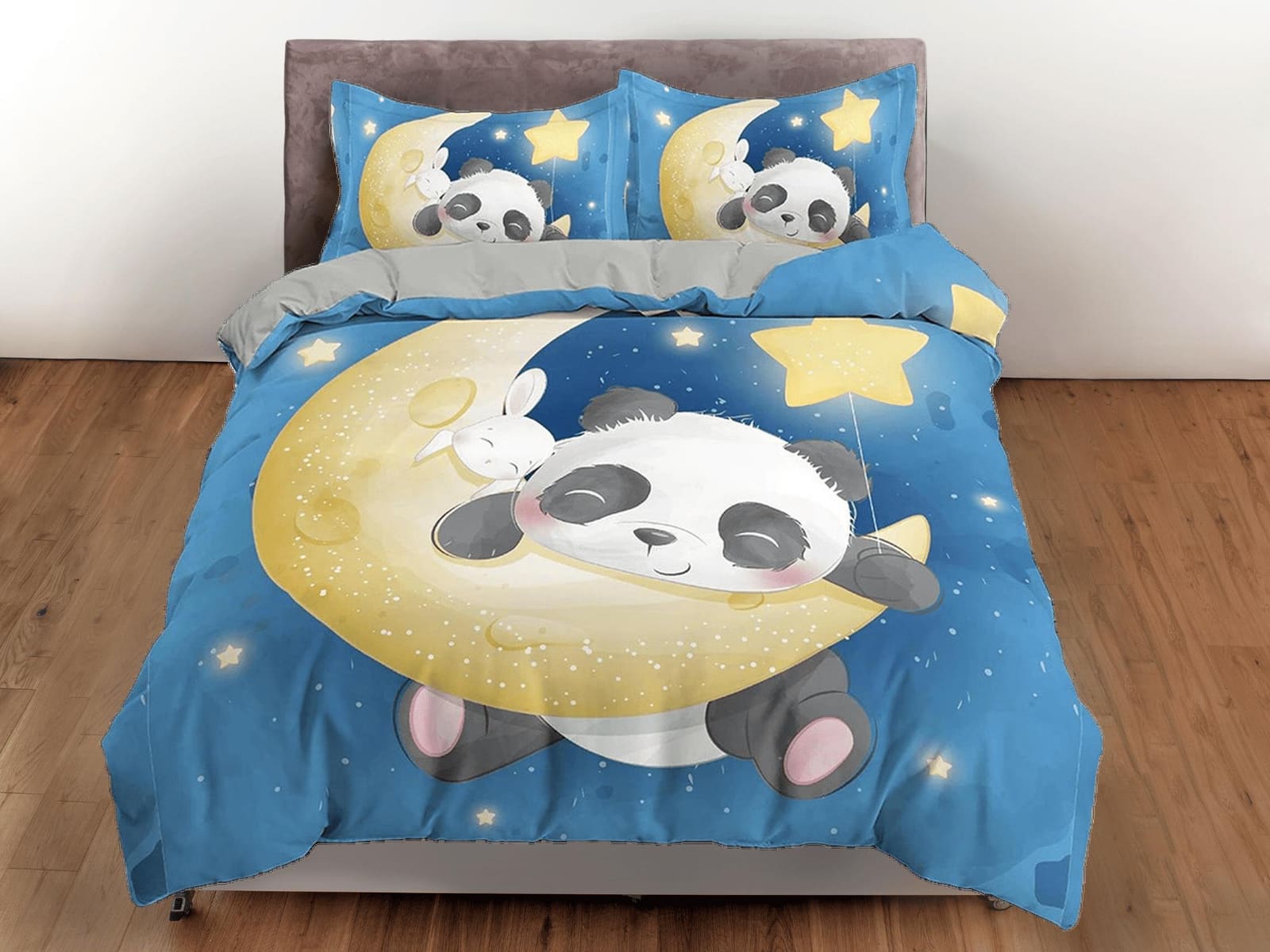 Cute panda and bunny in crescent moon, blue toddler bedding, duvet cover for kids, crib bedding, baby zipper bedding, king…