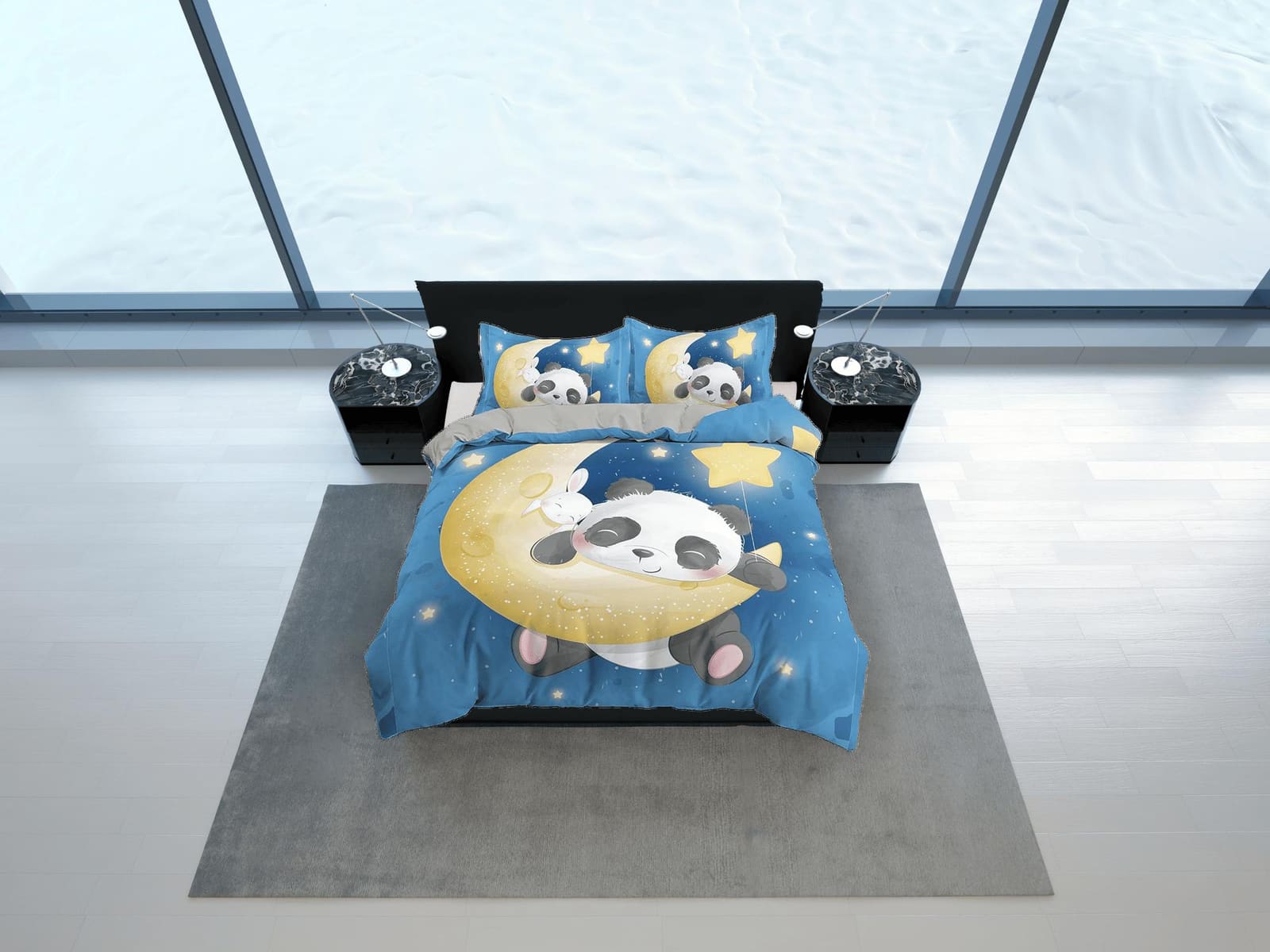 Cute panda and bunny in crescent moon, blue toddler bedding, duvet cover for kids, crib bedding, baby zipper bedding, king…