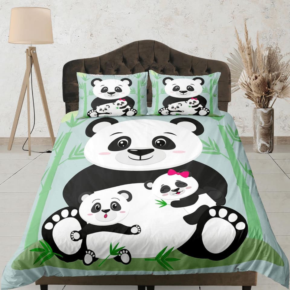 Cute Panda Family Duvet Cover Set Colorful Bedspread, Kids Bedding with Pillowcase