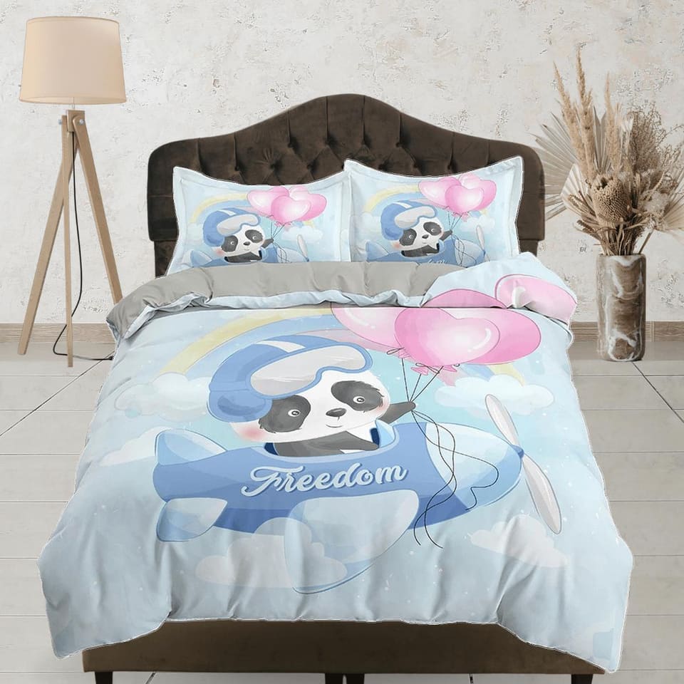Cute panda flying as a pilot in airplane, blue bedding, duvet cover nursery kids, crib bedding, baby zipper bedding, king…