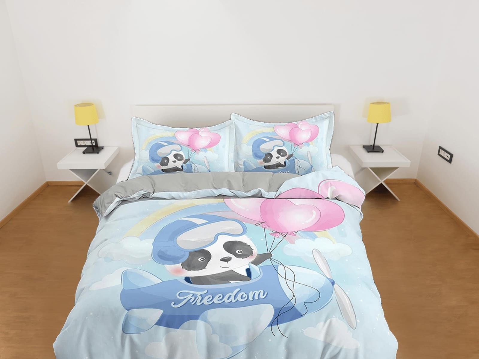 Cute panda flying as a pilot in airplane, blue bedding, duvet cover nursery kids, crib bedding, baby zipper bedding, king…